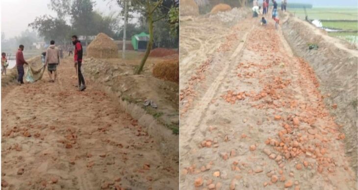 বীরগঞ্জে সড়ক নির্মাণে নিম্নমানের ইট ব্যবহারের অভিযোগ উঠেছে