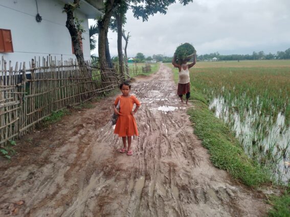 কাঁদা-মাখা পিচ্ছিল রাস্তায় স্কুল থেকে বাড়ি ফিরছে কোমলমতি শিশুরা