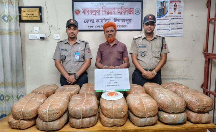 দিনাজপুরে মাদকদ্রব্য নিয়ন্ত্রণ অভিযানে ৫৬ কেজি গাঁজা ও ১৪২ পিস ইয়াবা সহ আটক-১